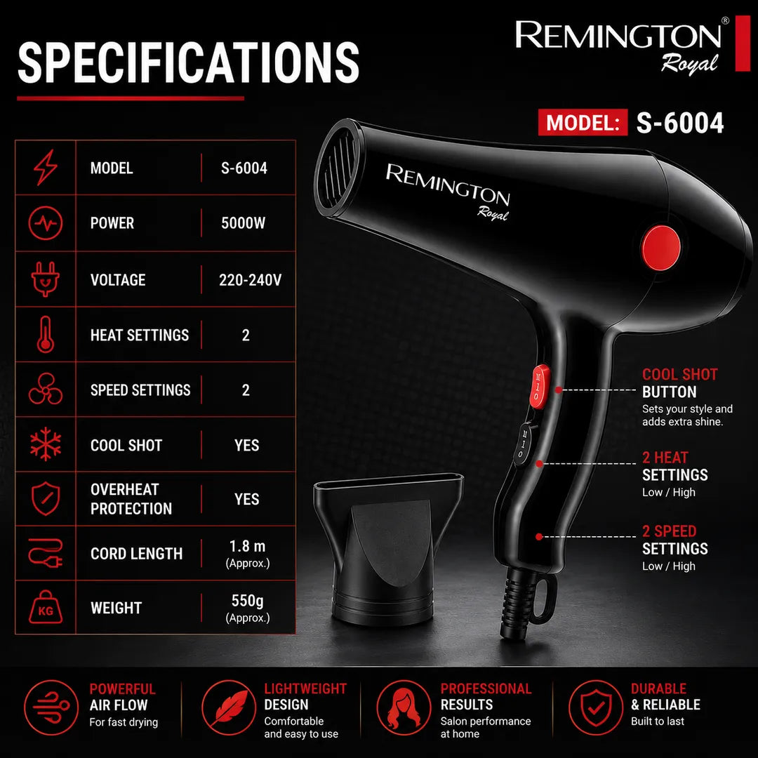 Remington Royal S-6004 5000W Hair Dryer – Black