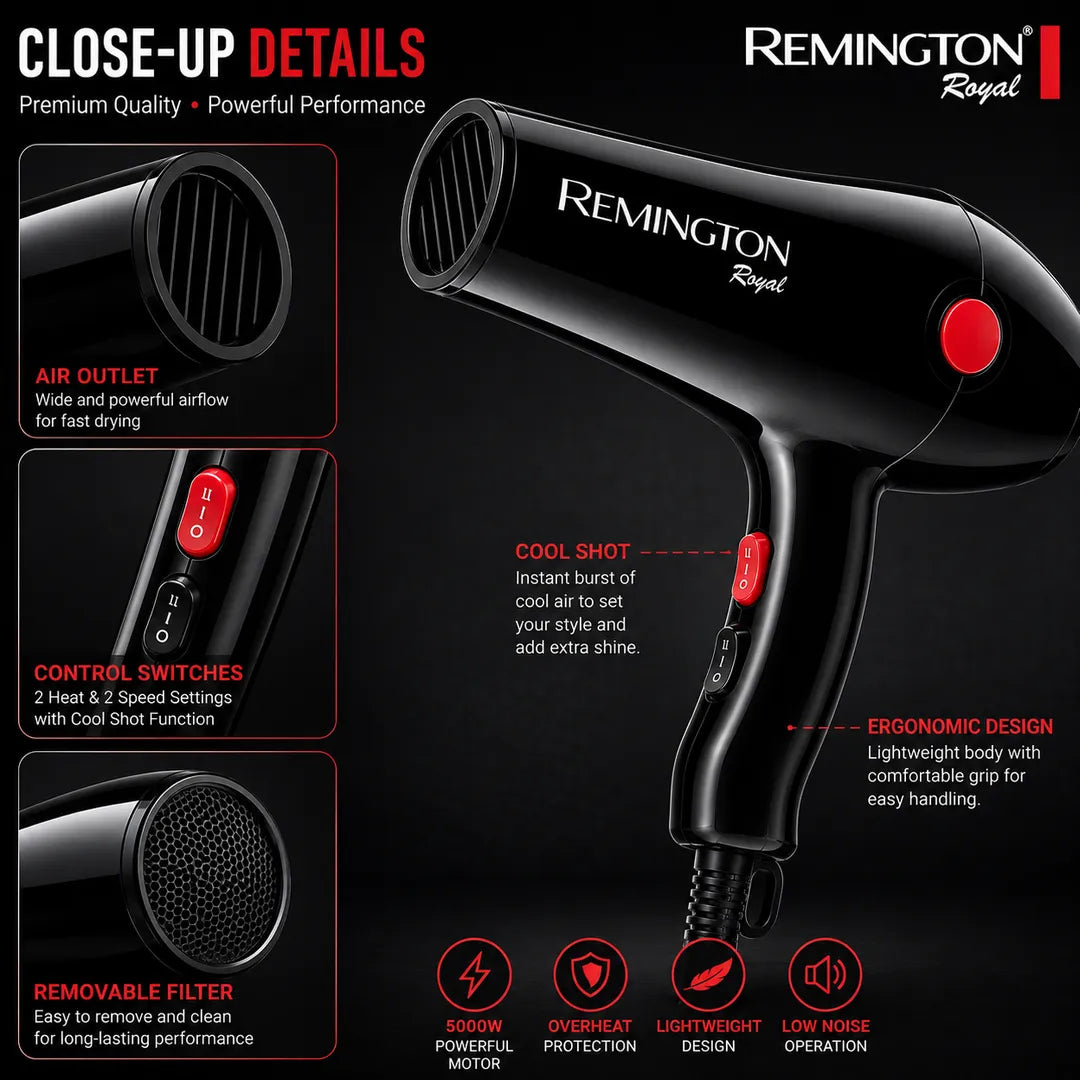 Remington Royal S-6004 5000W Hair Dryer – Black